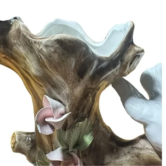 Vintage Capodimonte porcelain vase features tree trunk, branches, flowers, doves